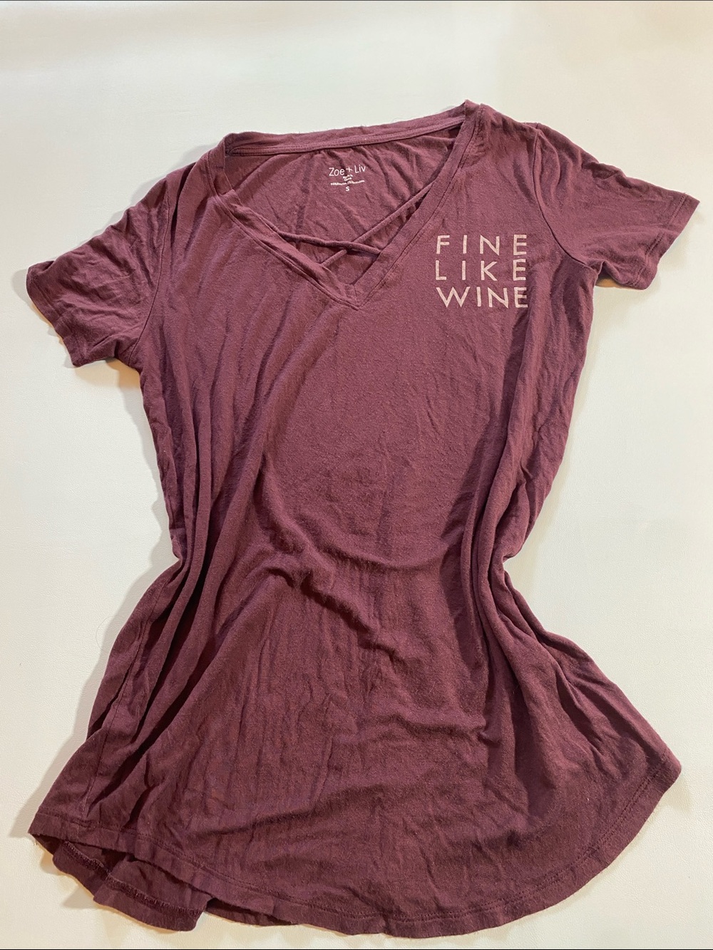 Zoe + Liv Burgundy V-Neck Tee with Crisscross Detail